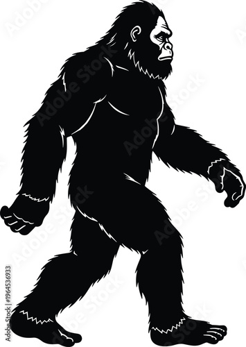 Bigfoot silhouette walking isolated, sasquatch mythical creature, yeti forest monster, legendary cryptid, wild ape man, flat vector illustration, cad drawing, flavector.