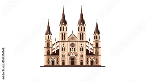 Detailed illustration of the front facade of a large gothic cathedral with multiple towers and intricate architectural details.