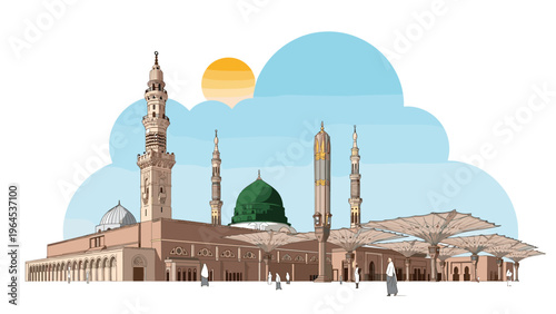 Illustration of the Al-Masjid an-Nabawi in Medina with its green dome, tall minarets, and iconic large umbrellas in the courtyard.
