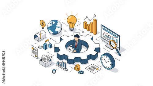 Isometric illustration of a business professional at the center of a large gear surrounded by various data, tools, and symbols.