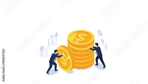 Two businessmen pushing stacks of giant gold coins with a dollar sign representing financial effort and investment growth.