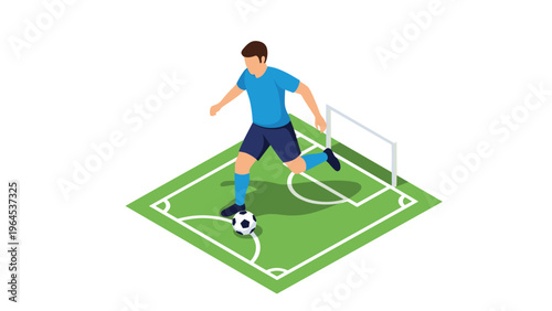 Isometric illustration of a soccer player in a blue uniform dribbling a soccer ball on a green field.