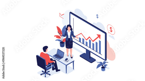Business professional giving a presentation about a growth chart on a large screen to a person at a desk.