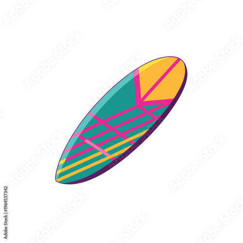 A colorful vector graphic illustration of a surfboard with a vibrant design