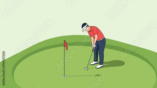 A golfer in a red shirt and white cap putting a golf ball into the hole on a green putting green.