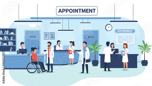 Busy hospital reception area with doctors, nurses, and patients including a woman in a wheelchair under an appointment sign.