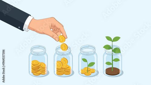 Businessman dropping gold coins into glass jars with one jar containing a growing green plant representing savings and investment.