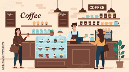 Inside view of a cozy coffee shop with a barista serving customers and a display case full of delicious cakes and pastries.