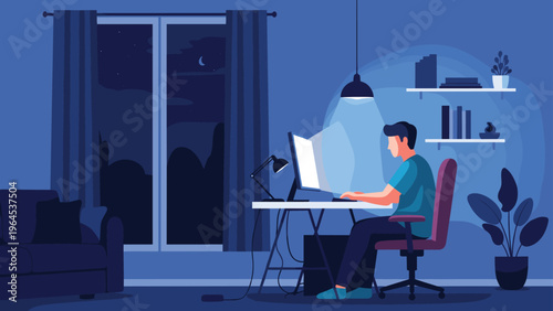 Young man focused on working or gaming at his computer desk late at night in a dimly lit room with a beautiful moon view.