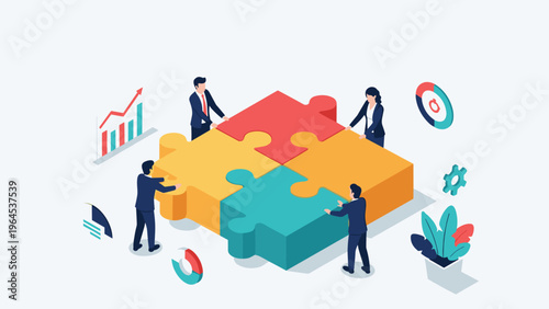 Group of business professionals working together to assemble a large colorful jigsaw puzzle representing team cooperation and synergy.