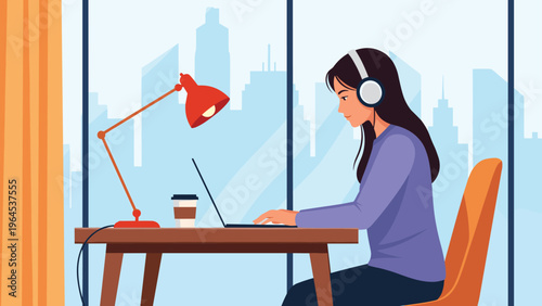 Young woman wearing headphones while working on her laptop at a desk with a city skyline view through the window.