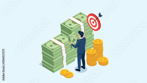 Businessman standing next to large stacks of cash and gold coins aiming for a financial target with an arrow.