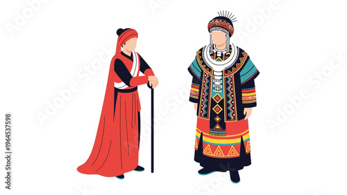 Two people dressed in elaborate and colorful traditional ethnic costumes representing rich cultural heritage and history of Asia.