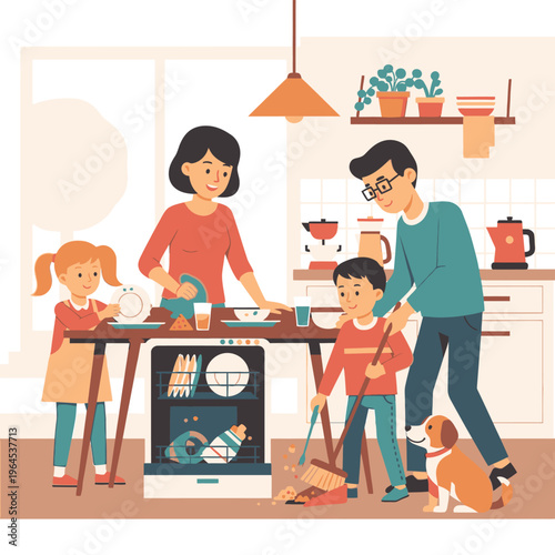 Family cleaning kitchen together after mealtime.