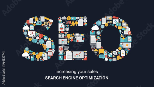 Creative SEO acronym composed of numerous small business and digital marketing icons on a dark blue background.