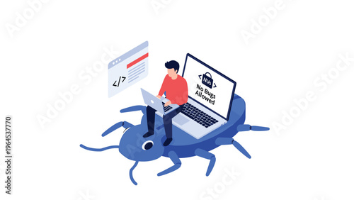 Software developer or tester sitting on a giant blue bug while working on a laptop to fix code errors and glitches.