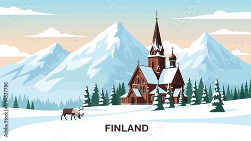 Beautiful winter landscape in Finland featuring a traditional church, snowy mountains, pine forests, and a reindeer.