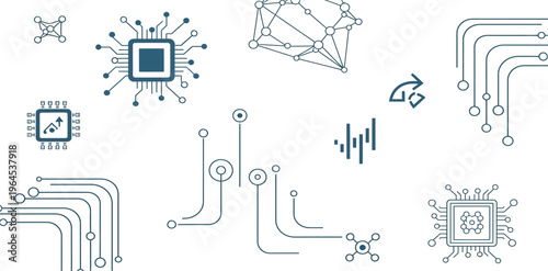 Collection of various electronic circuit board and microchip technical drawings and diagrams on white background