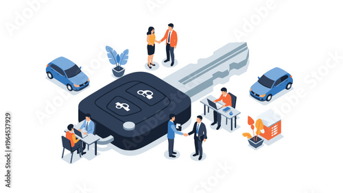 Isometric illustration of a large car key surrounded by small people and vehicles representing automotive services like rental or sales.