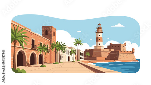 Flat illustration of a scenic Mediterranean coastal town featuring a lighthouse, stone fortress, palm trees, and clear blue sea water.