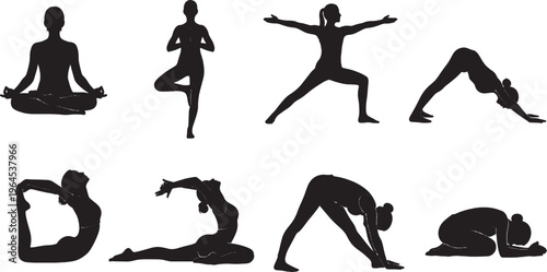 Black vector silhouettes of women and girls dancing, jumping, and exercising in ballet, yoga, and sports poses showing movement and fitness