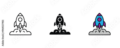 Space rocket launch with smoke clouds for startup mission, business growth and project blast off icon set. Vector Illustration.