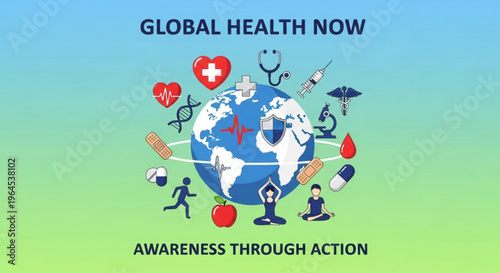 Global health awareness concept with earth surrounded by medical symbols and icons on blue green background