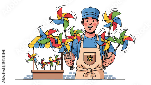Joyful Pinwheels: A cheerful artisan proudly showcases a colorful array of pinwheels, embodying the spirit of playfulness, the crafts of pinwheel, and the delight of childhood.