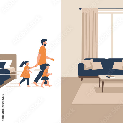 Father walking with two daughters leaving bedroom for living room.