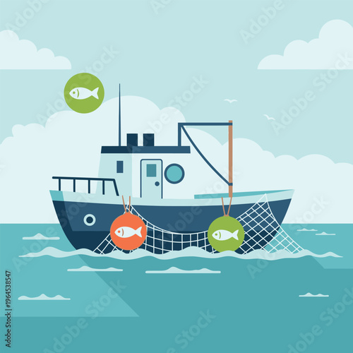 Fishing boat with net and fish symbols illustration.