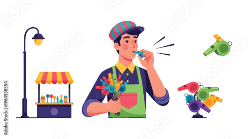 Whistle Vendor: An illustration of a cheerful vendor enthusiastically demonstrating the use of colorful whistles at his vibrant stall. Capturing the spirit of fun and festivity.