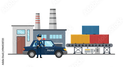 Industrial Security & Logistics: Police Officer with Patrol Car Supervising Shipping Containers at a Factory