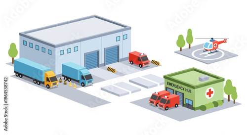 Isometric Logistics and Emergency Response Hub. Featuring Warehouse, Trucks, Ambulances, and Helicopter. Supply Chain and Disaster Relief Concept.