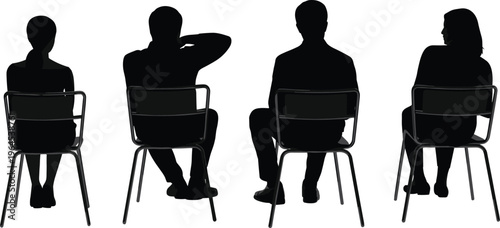 Photos Back view silhouette of four diverse people sitting on chairs in a row, waiting