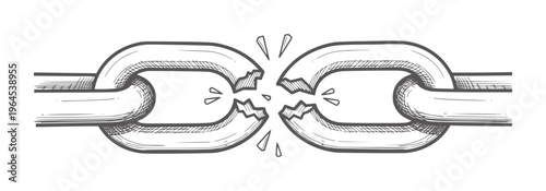 Broken chain links with jagged edges and radiating lines metal connection