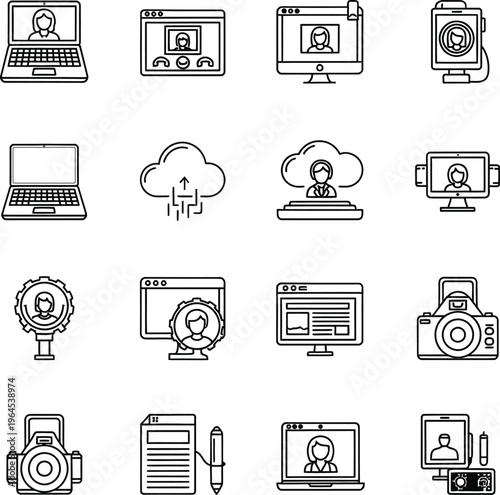 Technology and Communication Icons: Video Calls, Cloud, Devices