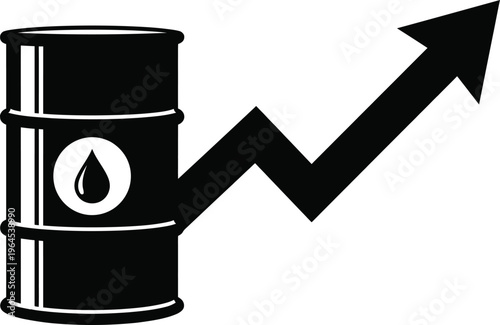 Black oil barrel with a rising arrow indicating increased oil prices