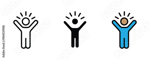 Happy person with raised arms for success, personal achievement and winning celebration icon set. Vector Illustration.