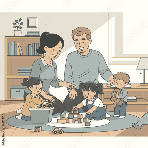 Happy family playing together with toys indoors.