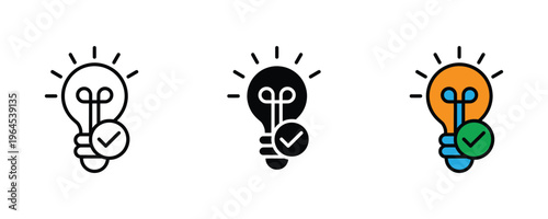 Shining light bulb with check mark for creative idea validation, solution discovery and successful innovation icon set. Vector Illustration.