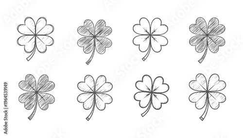 Eight hand drawn four leaf clover with varied shading