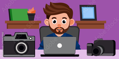 Man editing photos on laptop with camera gear, printer. Photographer workstation with monitor, various office supplies for creatives.