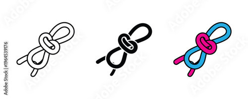 Strong nautical rope knot for climbing safety, marine equipment and secure binding icon set. Vector Illustration.