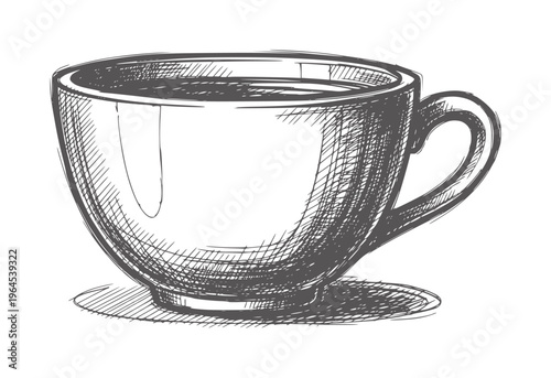 Hand drawn of a dark coffee cup with saucer and liquid drink beverage