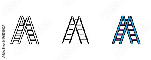 Folding metal step ladder for home repair, construction work and industrial reach icon set. Vector Illustration.