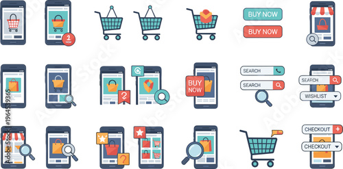 E‑commerce and online shopping icon set with mobile carts checkout buttons search wishlist and digital store vector illustration
