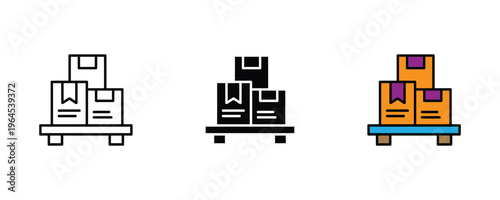 Stack of cardboard boxes on wooden pallet for warehouse storage, logistics delivery and shipping icon set. Vector Illustration.