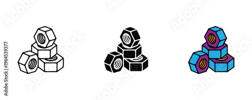 Hexagonal metal nuts stack for industrial hardware, construction repair and mechanical engineering. Vector Illustration.