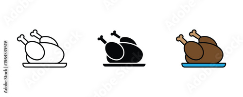 Roasted whole chicken on platter for dinner, delicious poultry and festive meal icon set. Vector Illustration.