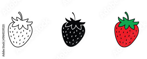 Fresh red strawberry for healthy fruit snack, organic berry and garden dessert icon set. Vector Illustration.